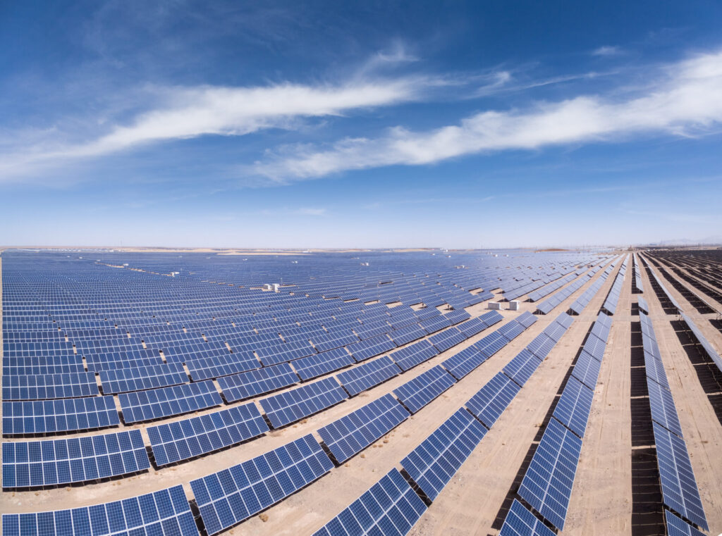 panoramic view of solar power plants , look down from above